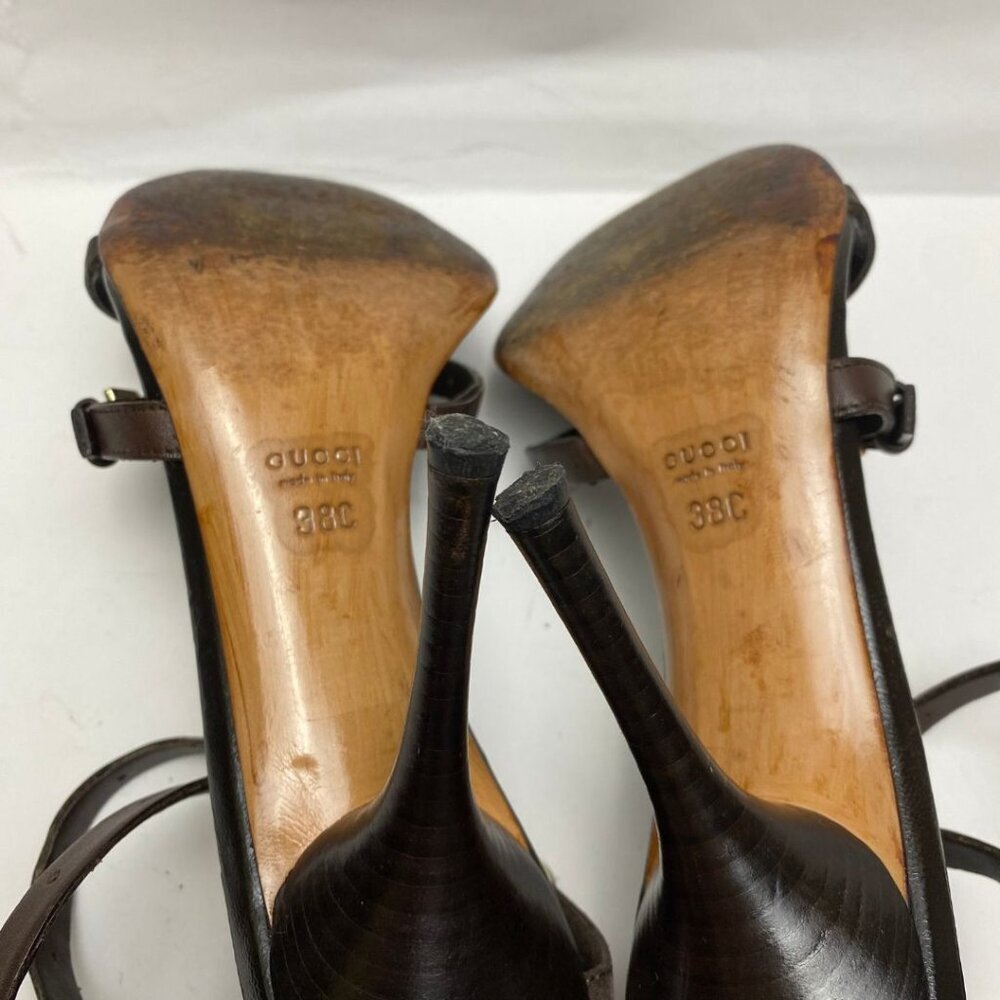 GUCCI Logo Horsebit Equestrian Chocolate Leather /Suede Strappy Heels Size 38 - Picture 7 of 10